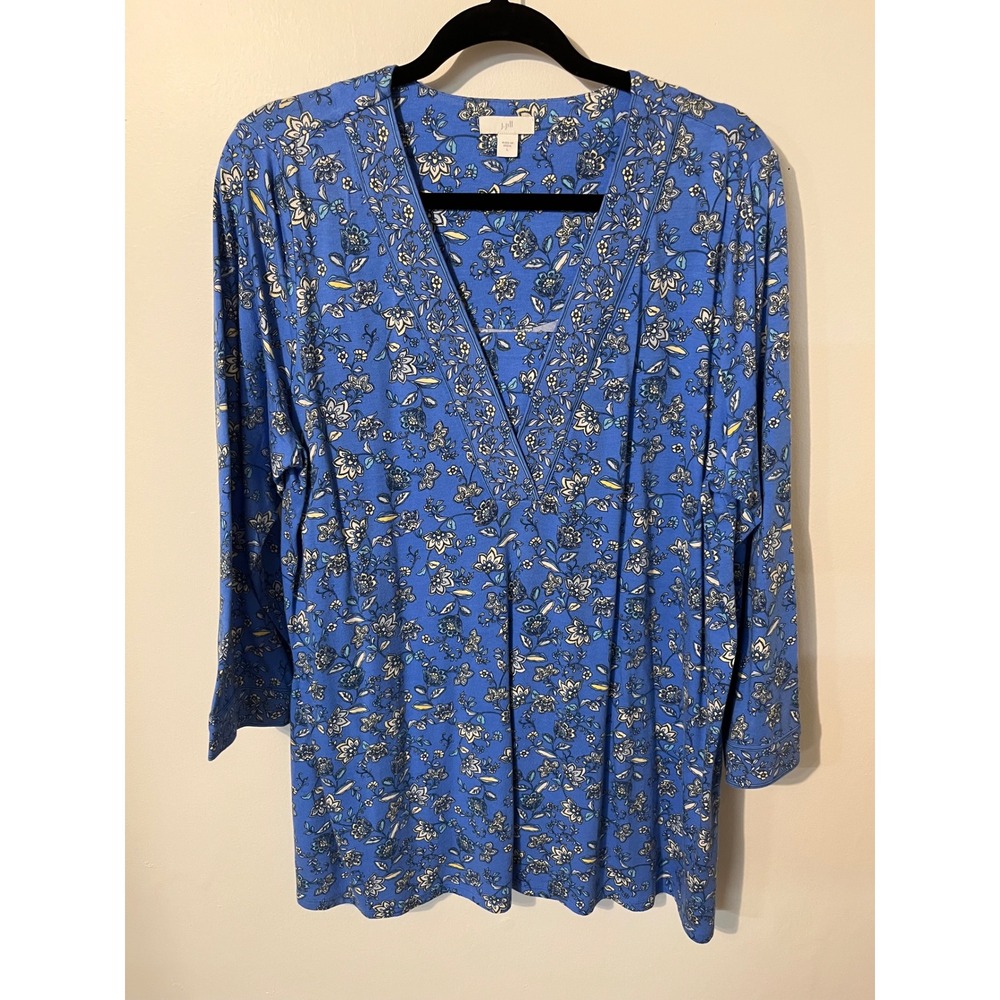 J. Jill Blue Floral V-Neck 3/4 Sleeve Knit Tunic Top Womens Large